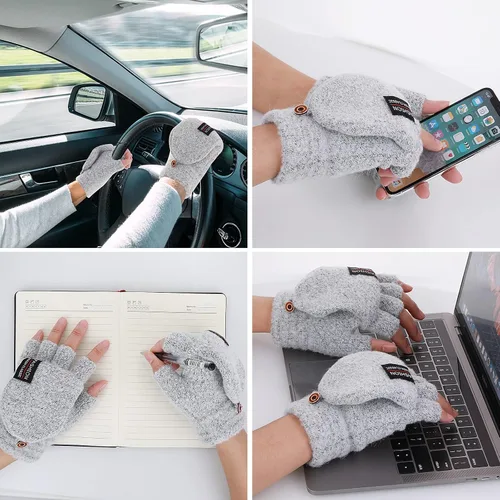 Miniatura 13 de THINP Guantes sin dedos para mujeres y hombres, guantes de invierno, guantes de lana cálida de punto sin dedos con tapa, guantes convertibles