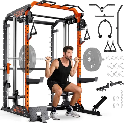 Miniatura 11 de YOLEO Smith Machine & Squat Rack Combo, Multi-Functional Power Racks with Adjustable Width & Pull-Up Bar, Cable Crossover Power Cage, Independent