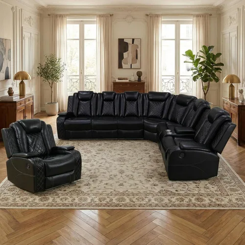 Miniatura 12 de Juego de sofá reclinable eléctrico, sofás reclinables de cuero negro, 3 piezas de sofá reclinable de cuero de aire y silla de dos plazas con luces