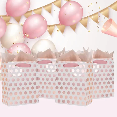 Miniatura 9 de UNIQOOO 12 bolsas de regalo de papel de aluminio de oro rosa a granel, lunares rosas con etiqueta, bolsas de papel kraft de reciclaje duraderas