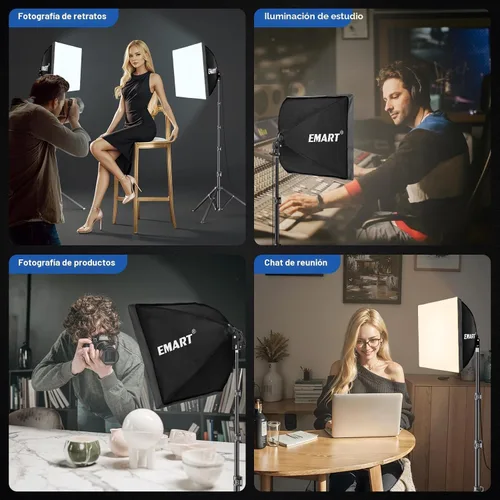 Miniatura 7 de EMART Kit de iluminación Softbox, softbox de 16 x 16 pulgadas, bombillas LED 3000K-6000K 85W con control remoto, trípode de 65 pulgadas, kit