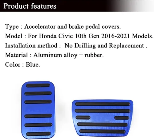 Miniatura 7 de Rifoda para Honda Civic Pedal de Acelerador y Freno Cobertura Antideslizante Compatible con 10ª Gen Civic 2021 2020 2019 2018 2017 2016 Juego de Azul