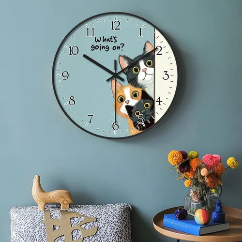 Miniatura 2 de Reloj de pared de plástico de 8 pulgadas con pilas, reloj de pared redondo decorativo, reloj de pared silencioso, patrón de gato 2269-Three Cat