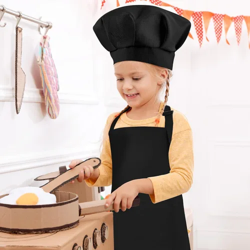 Miniatura 4 de Morcheiong Juego de gorro y delantal de chef para niños, delantal de pintura ajustable para niños y gorro de chef con 2 bolsillos para cocinar