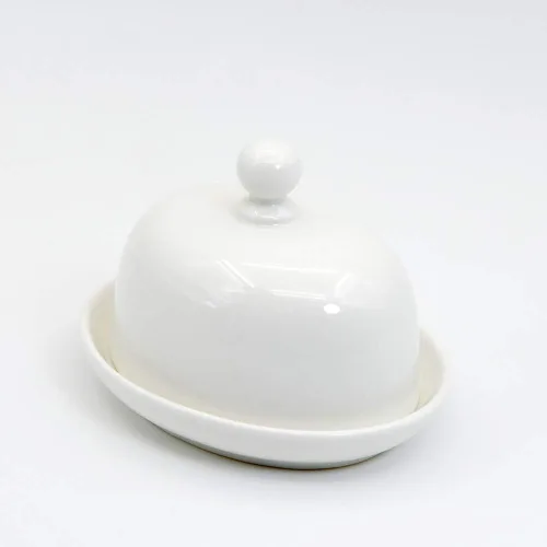 Miniatura 3 de NAGU Mini plato de mantequilla ovalado con tapa, plato de queso blanco con forma de procelain abovedado con asa, bandeja de mantequilla pequeña