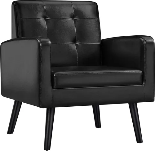 Miniatura 18 de Yaheetech Sillas de acento de mediados del siglo, silla moderna tapizada para sala de estar, sillón acogedor con respaldo abotonado y patas de Azul