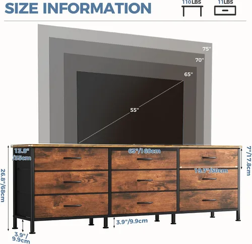 Miniatura 4 de DUMOS Soportes de TV para muebles de sala de estar con 9 cajones de tela, centro de entretenimiento largo de hasta 75 pulgadas, mesa consola