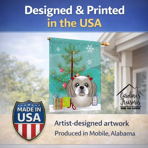 Miniatura 7 de Caroline's Treasures BB1622CHF - Bandera de casa Shih Tzu con árbol de Navidad y gris plateado para porche, grande, para colgar en la pared