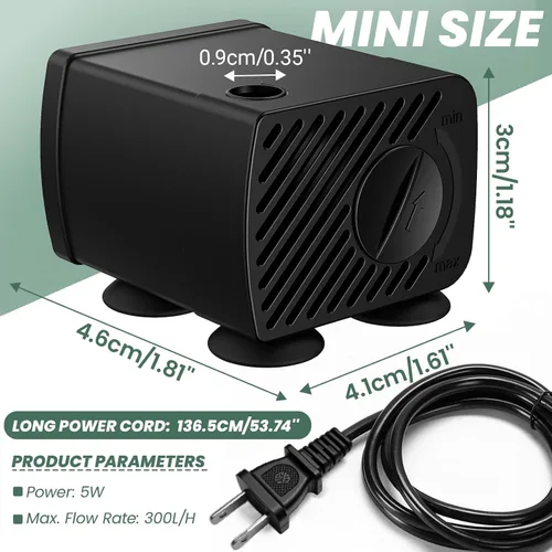 Miniatura 2 de Moonorange Mini bomba de agua sumergible, bomba de agua ultra silenciosa, 300 l/h, para tanque de tortuga, fuentes, acuarios (5 W, 79 GPH)