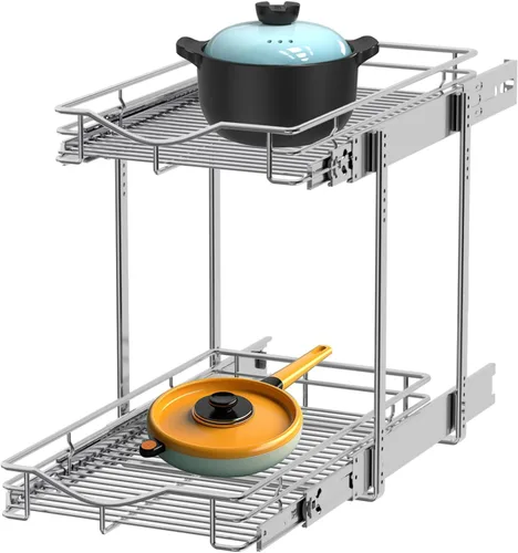DINDON Organizador de gabinete extraíble de 2 niveles (11 pulgadas de ancho x 18 pulgadas de profundidad), estante deslizante de metal resistente,