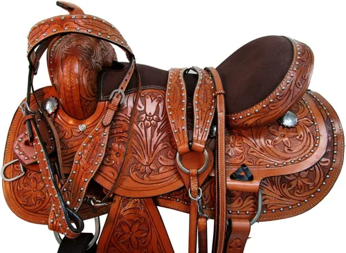 Miniatura 8 de Western Saddle Barril Racing Caballo Placer Floral Tooled Cuero Trail Tack Cowboy Rodeo Set 15 16 17 18