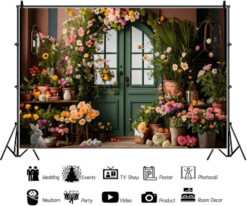 Miniatura 3 de YongFoto Telón de fondo de Pascua de 5 x 3 pies, huevos de conejito de Pascua, flores verdes para puerta, arco, resurrección, domingo, gran día