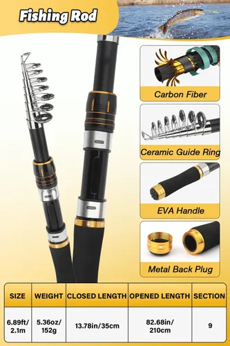 Miniatura 2 de Fishing Pole Combo Set, 6.89ft Fishing Rod and Reel Combo, Carbon Fiber Telescopic Fishing Rod Kit with Spinning Reel, Fishing Pliers, Lip Gripper