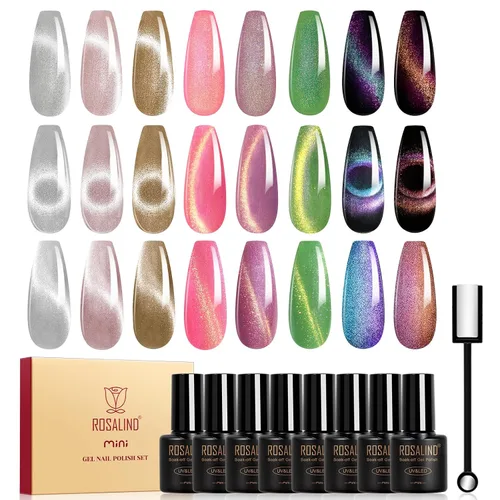 ROSALIND Cateye - Esmalte en gel, 8 colores con purpurina magnética de ojo de gato, juego de esmalte de uñas de gel con imán, esmalte de gel