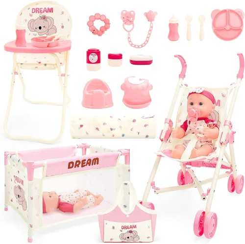 Miniatura 8 de deAO Juguetes de Cochecito de Muñeca Bebé con Muñeca Bebé de 12" Accesorios Cama de Cuna Silla Alta Conjunto de Juego de Roles de Guardería Tapete