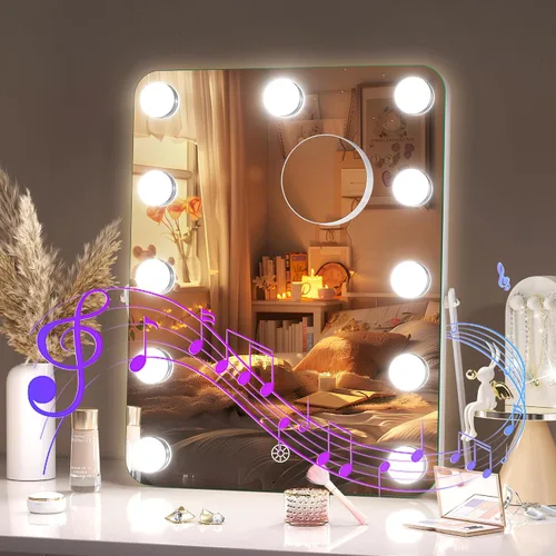 Hasipu Espejo de maquillaje LED con altavoz Bluetooth, espejo de tocador Hollywood de 11 x 14 pulgadas con luces, marco blanco rectangular