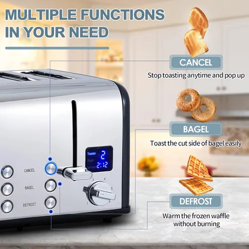 Miniatura 6 de CUSIMAX Tostadora de 4 rebanadas, pantalla LED ultra clara y ranuras extra anchas, tostadora de acero inoxidable con paneles de control dobles de 6