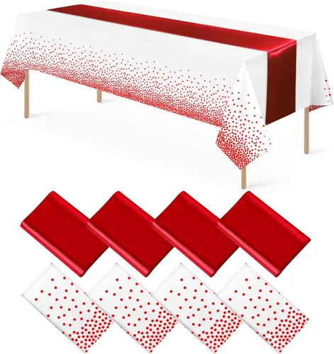 Miniatura 10 de 8 paquetes de manteles de plástico desechables y juego de camino de mesa de satén negro con dorado, mantel de satén dorado para graduación, boda
