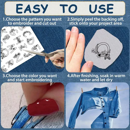 Miniatura 4 de CRASPIRE 4 hojas de 104 piezas de letras A-Z solubles en agua, patrones de bordado, estabilizadores del alfabeto, palo de coser a mano y puntada