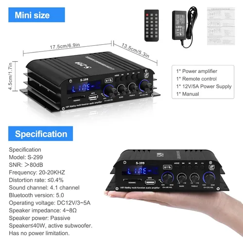 Miniatura 8 de Amplificador de potencia de audio para altavoces domésticos -S-299 Bluetooth 5.0 amplificador de potencia 4.1 canales RMS 40Wx4 Subwoofer AMP DC