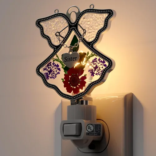 Miniatura 8 de KY&BOSAM Angel Sister - Luz de noche de flor en vidrio con ribete de metal, luz nocturna de corazón para hermana, cuarto de bebé, dormitorio, baño