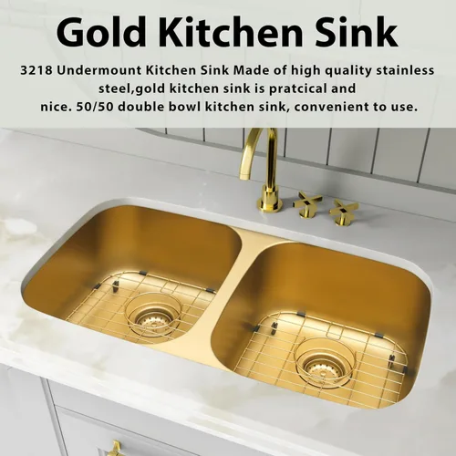 Miniatura 4 de LQS Fregadero de cocina dorado de 32 x 18 pulgadas, fregaderos de cocina empotrados, fregaderos de acero inoxidable de doble tazón 50/50
