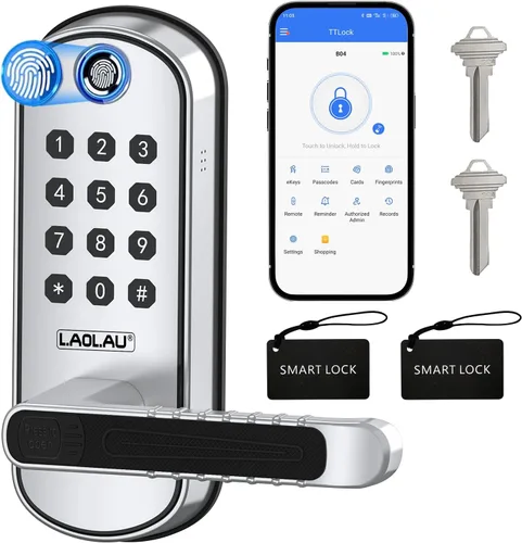 Miniatura 10 de B04 - Cerradura electrónica de puerta con teclado y asa, cerradura de puerta inteligente de entrada sin llave, control remoto por aplicación, Negro