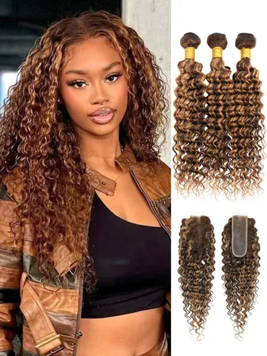 Miniatura 44 de P4/27 Cabello Humano Solitario de Onda Profunda con Reflejos Rubios Miel, 12A 100% Tejido Brasileño Virgen Ondulado Grueso con Mechas Ombre Marrón