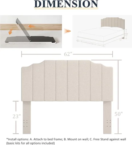 Miniatura 2 de Befurtori Cabecera tamaño Queen solamente, cabecera de lino para montar en la pared tamaño Queen/Full para cama ajustable, diseño moderno de canal