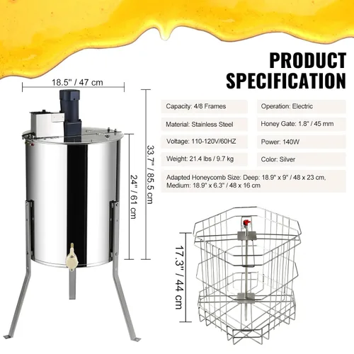 Miniatura 7 de Happybuy Extractor eléctrico de miel, 4/8 marcos giratorios de acero inoxidable para apicultura, soporte ajustable en altura, centrífuga de tambor