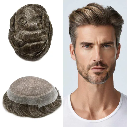 Miniatura 60 de Tupé para hombres, piezas de cabello humano real, sistema de unidades de cabello natural, línea capilar natural, pieza de repuesto para hombres