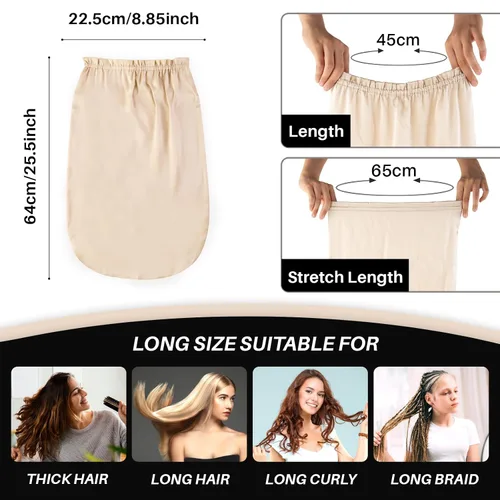 Miniatura 6 de Gorro largo 100% seda de morera para mujeres durmientes, gorro de seda de grado 6A con cabeza elástica, gorro de noche sedoso para trenzas de Beige