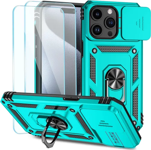 Miniatura 29 de SunStory Funda compatible con iPhone 15 con protector de pantalla HD, cubierta de cámara deslizante y soporte de anillo giratorio, [grado militar]