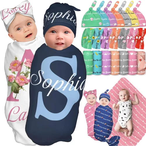 Miniatura 8 de Manta personalizada para bebé niña y niño con diadema de lazo y sombrero, manta personalizada con nombre para bebé, regalos para recién nacidos