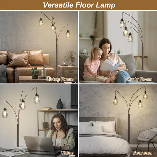 Miniatura 6 de Lámpara de Pie Industrial, Lámpara de Pie de Arco de 3 Luces para Sala de Estar, Lámpara de Pie Alta de 76 Pulgadas con Pantallas de Jaula de Metal