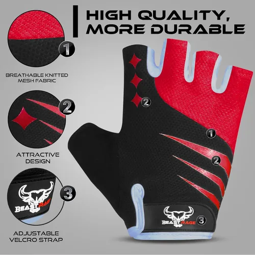 Miniatura 6 de BEAST RAGE Guantes de ciclismo de medio dedo para hombres y mujeres, guantes acolchados de gel, antideslizantes, absorben los golpes, levantamiento