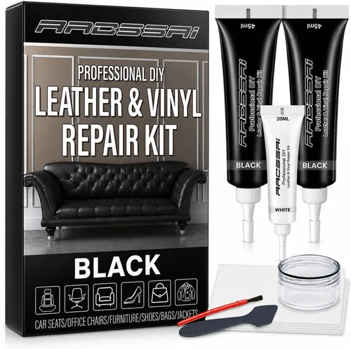 ARCSSAI Kit de reparación de cuero y vinilo negro, sofá, chaqueta, asientos de coche y cartera. Kit de reparación de cuero. Instrucciones súper