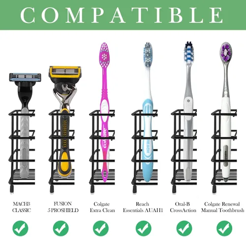 Miniatura 2 de Linkidea - Soporte para cepillos de dientes para ducha, soporte de cepillo de acero inoxidable, soporte para encimera/pared, organizador de 3 Negro