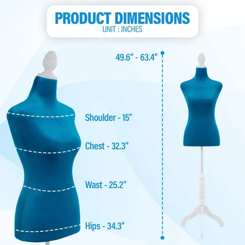 Miniatura 5 de FDW Maniquí femenino con forma de vestido de cuerpo, maniquí de costura, maniquí de torso con base de trípode, maniquí ajustable para coser ropa Azul
