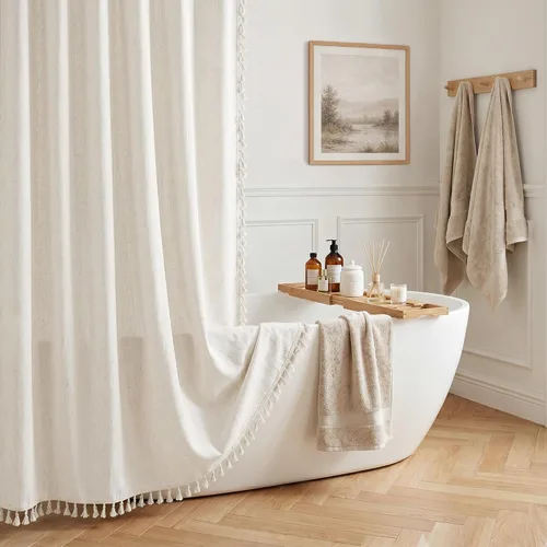 Miniatura 14 de Cortina de ducha de lino de avena 36x72 para cabina de ducha, cortinas neutras grisáceas beige de lino para baño, decoración bohemia de baño