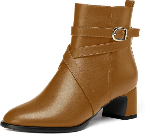 Miniatura 24 de WAYDERNS Botas altas de tobillo con hebilla casual para mujer, con correa de tobillo sólida mate, tacón bajo y grueso, 2 pulgadas