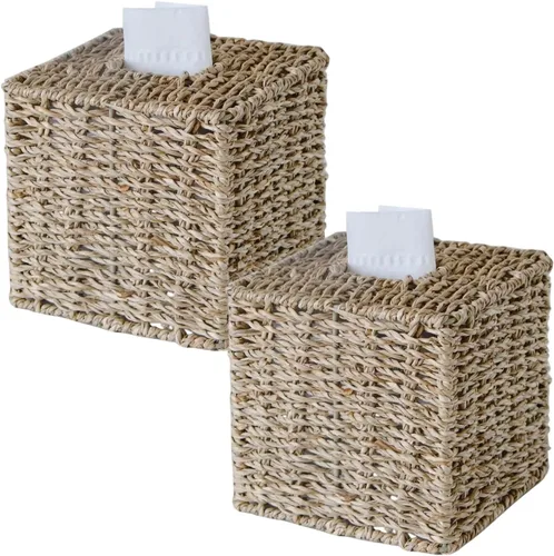 Miniatura 19 de Funda cuadrada de mimbre para caja de pañuelos, cajas de pañuelos faciales, caja de servilletas tejida a mano para baño, dormitorio, oficina, mesa