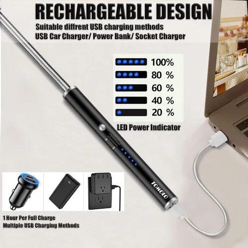 Miniatura 5 de TOMOLO Encendedor eléctrico, 2 unidades, encendedor de velas largo y flexible con interruptor de seguridad, encendedor de plasma sin llama Negro