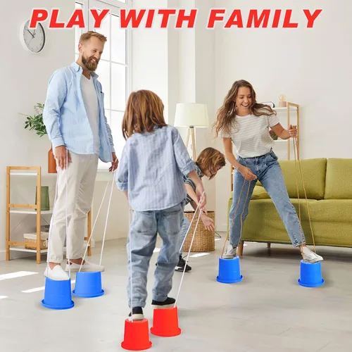 Miniatura 5 de Meooeck 2 pares de zancos para caminar, cubo de equilibrio, zancos de plástico grueso con cuerda ajustable para coordinación de equilibrio de niños