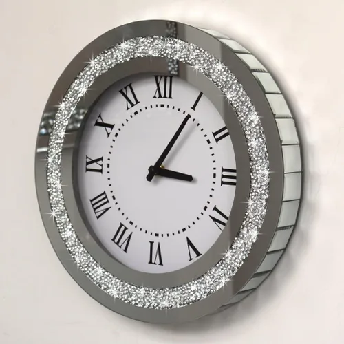 Miniatura 6 de Reloj de pared redondo con espejo plateado de 12 pulgadas con cristales brillantes y diamantes de imitación para decoración de pared, espejo