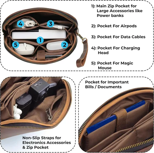 Miniatura 3 de Bolso de cuero para tecnología con cables y cargadores Bolso de tecnología Bolso de accesorio de viaje con cremallera Estuche organizador