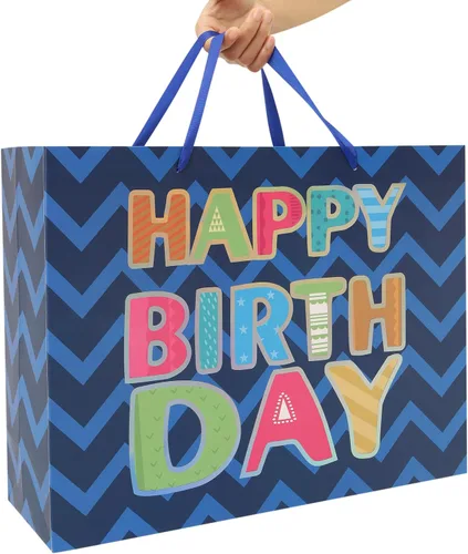 Miniatura 6 de Qirrmiy Juego de bolsa de regalo de cumpleaños azul extragrande de 16.5 pulgadas con asas, tarjeta de felicitación, papel de seda y calcomanías