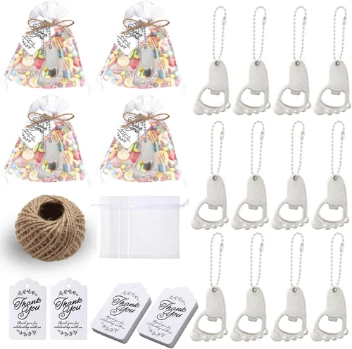Miniatura 8 de 50 llaveros de huellas de bebé y abrebotellas para fiestas con bolsa de organza (dorado)