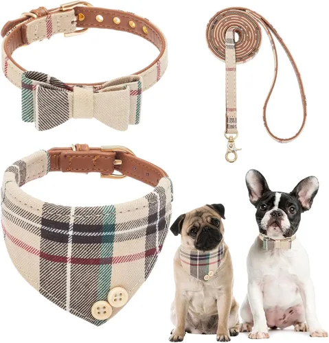 Miniatura 11 de BINGPET Juego de collar y correa para perros pequeños, collar y correa ajustable a cuadros para perros machos y hembras, bonito juego de collar Azul