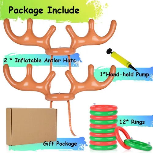 Miniatura 7 de 2 juegos de cuernos inflables de reno para lanzar anillos, juegos de Navidad para fiesta familiar, ideal para adultos y niños
